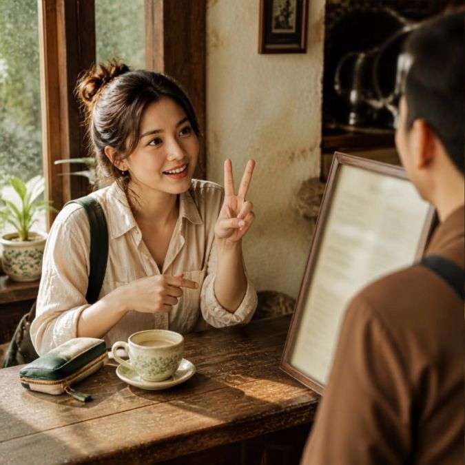 카페 직원에게 손가락으로 수량을 표시하며 주문하는 여행자