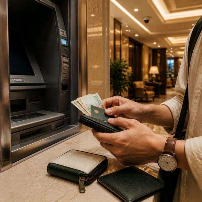 ATM 앞에서 인출한 현금을 지갑에 정리하는 모습