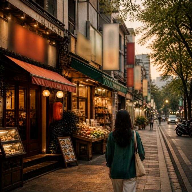 음식점과 상점이 늘어선 거리의 저녁 풍경