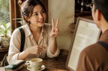 카페 직원에게 손가락으로 수량을 표시하며 주문하는 여행자